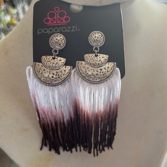Ombre brown, wine, white fringe earrings